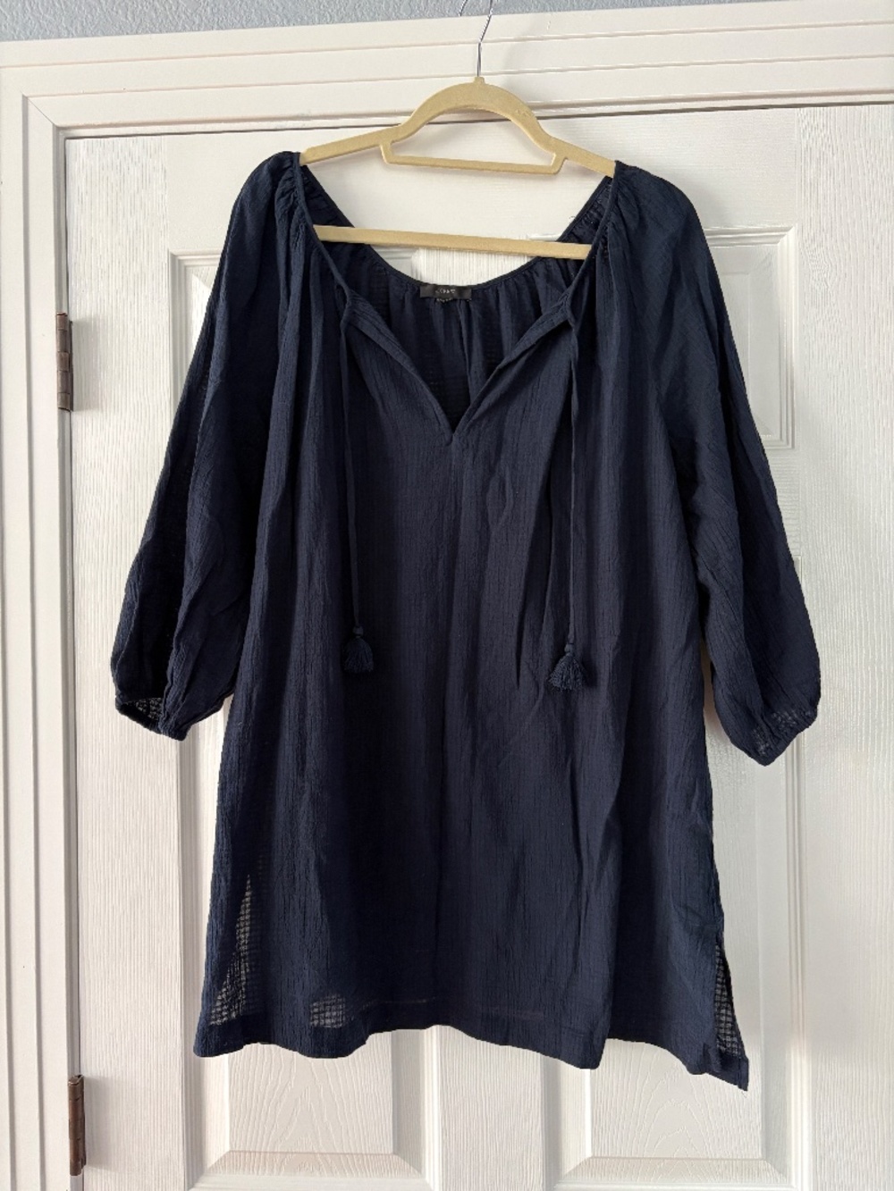 J CREW GAUZE NAVY BLUE TUNIC TASSEL TOP MINI BEACH COVER UP XL